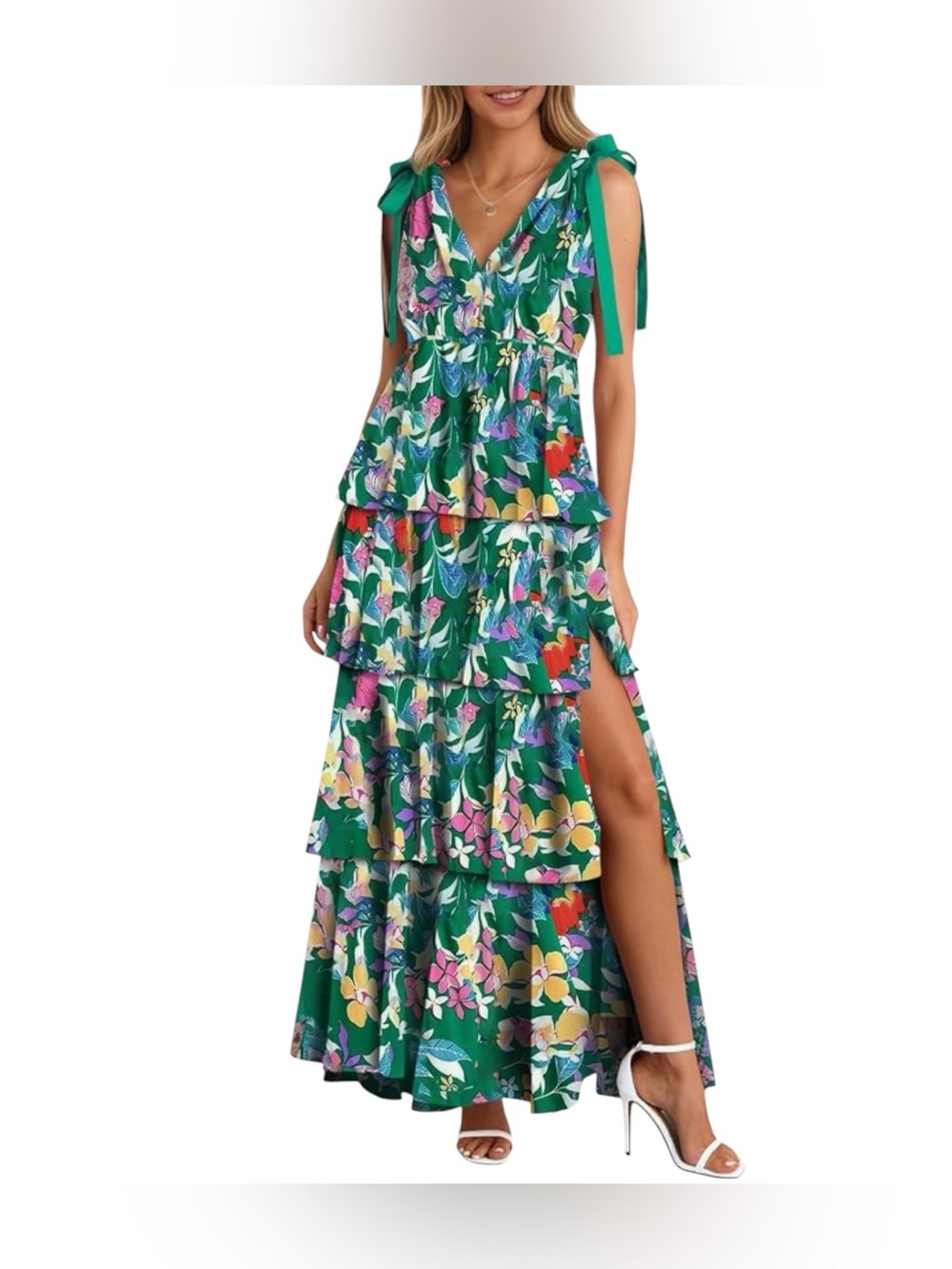 Wenrine Green Floral Tiered Maxi Dress with Tie Straps size M